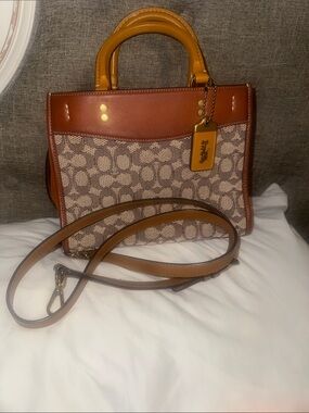 Coach Monogram Satchel in Brown and Tan Leather Trim